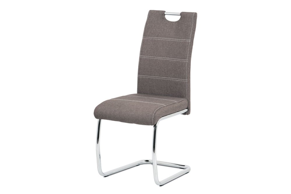 Autronic Jedálenská stolička, poťah coffee látka, biele prešitie, kovová chrómovaná perová podnož HC-482 COF2